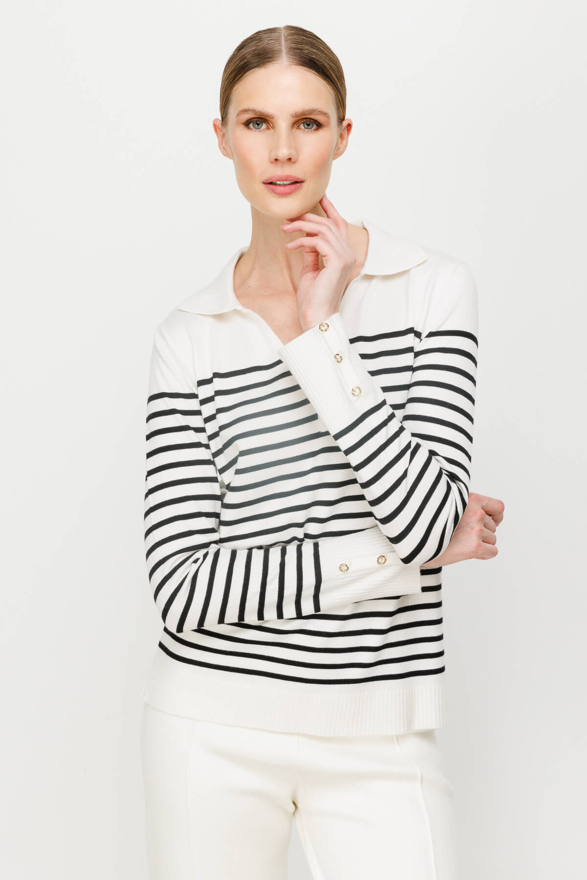 BASIC V-NECK STRIPE BLOUSE ECRU