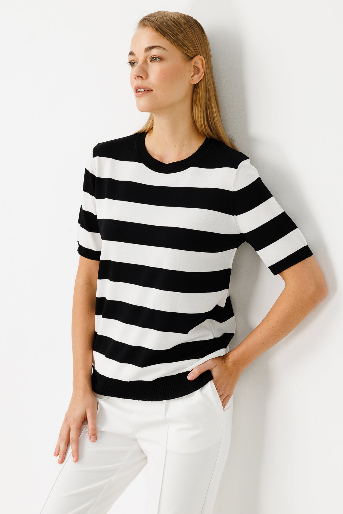 BASIC TROIA BOLD STRIPE BLOUSE ECRU-BLACK