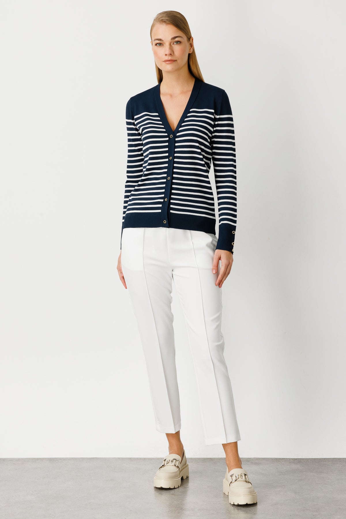 BASIC V-NECK STRIPE CARDIGAN ECRU-NAVY