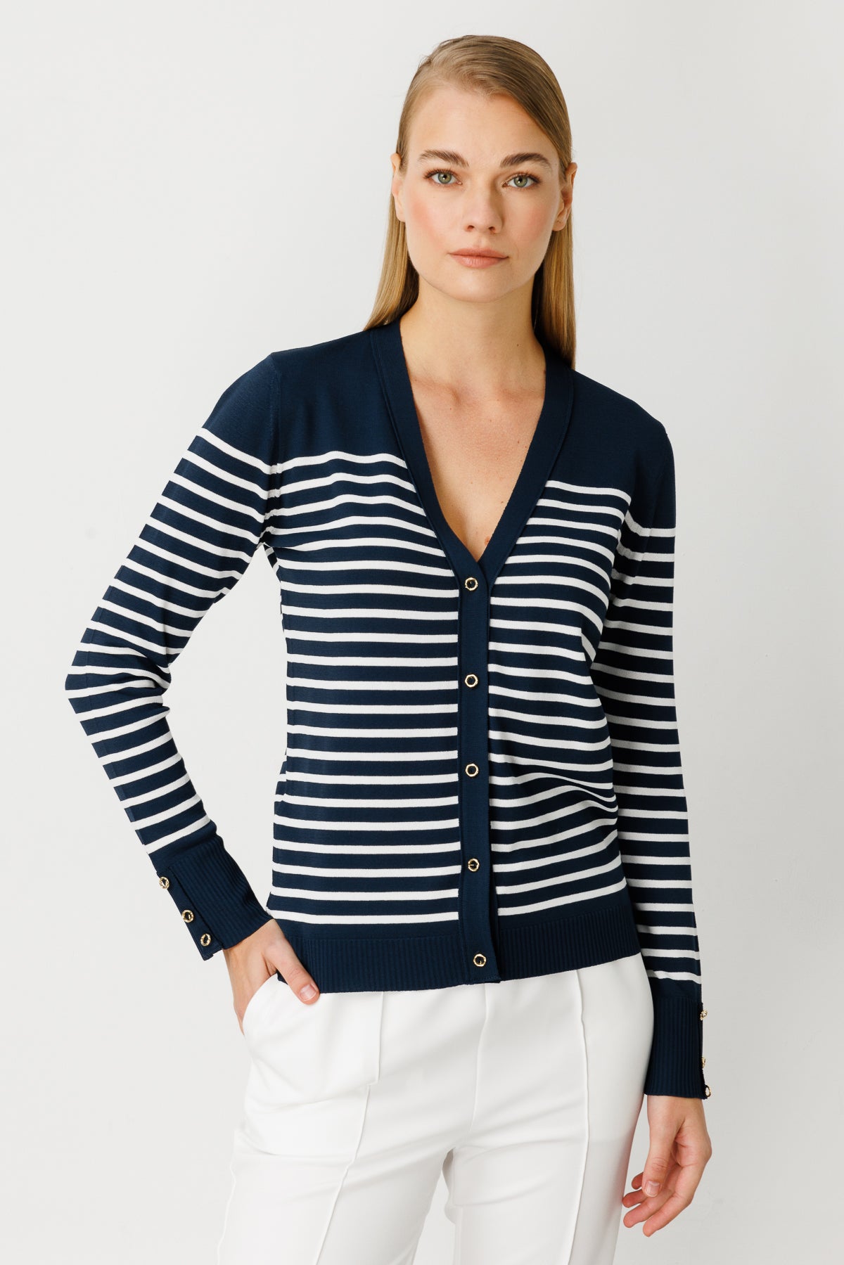 BASIC V-NECK STRIPE CARDIGAN ECRU-NAVY