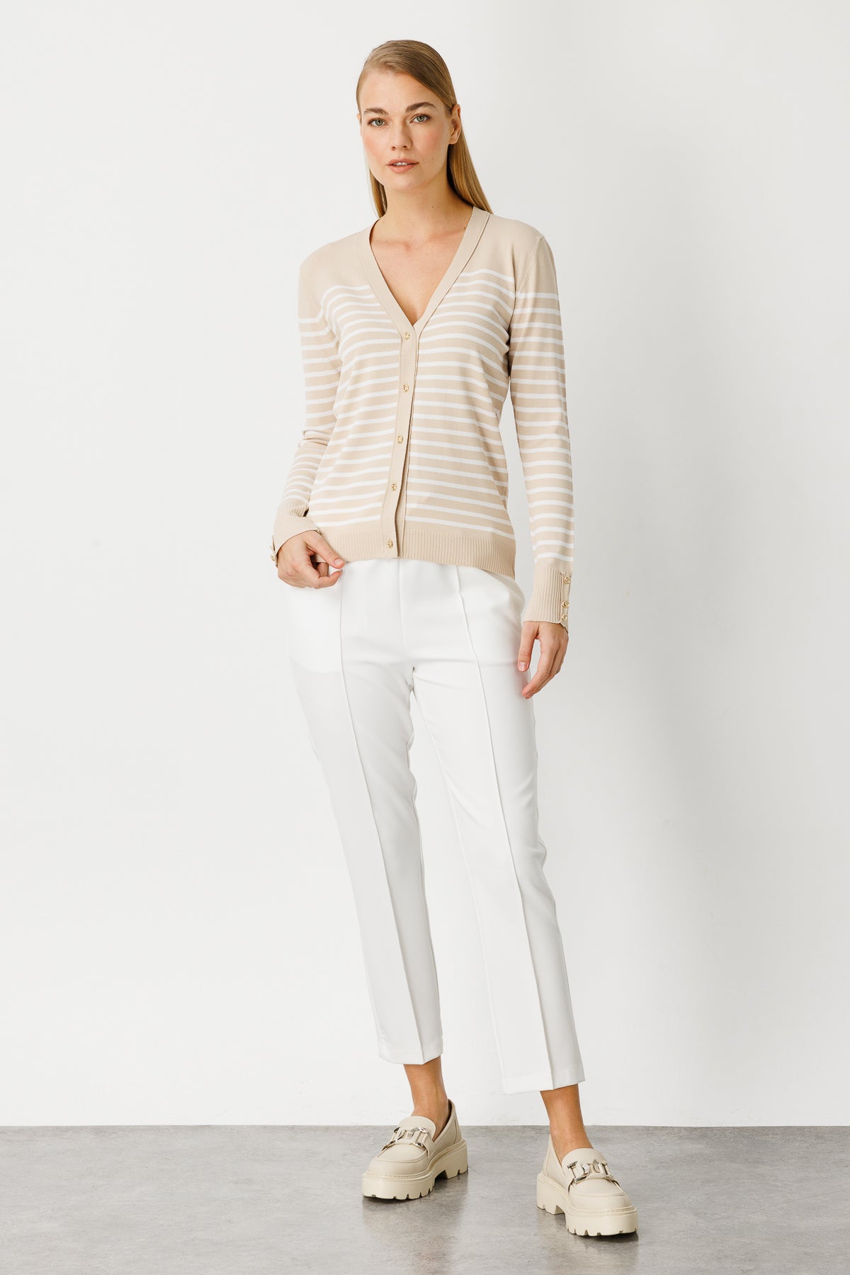 BASIC V-NECK STRIPE CARDIGAN BEIGE