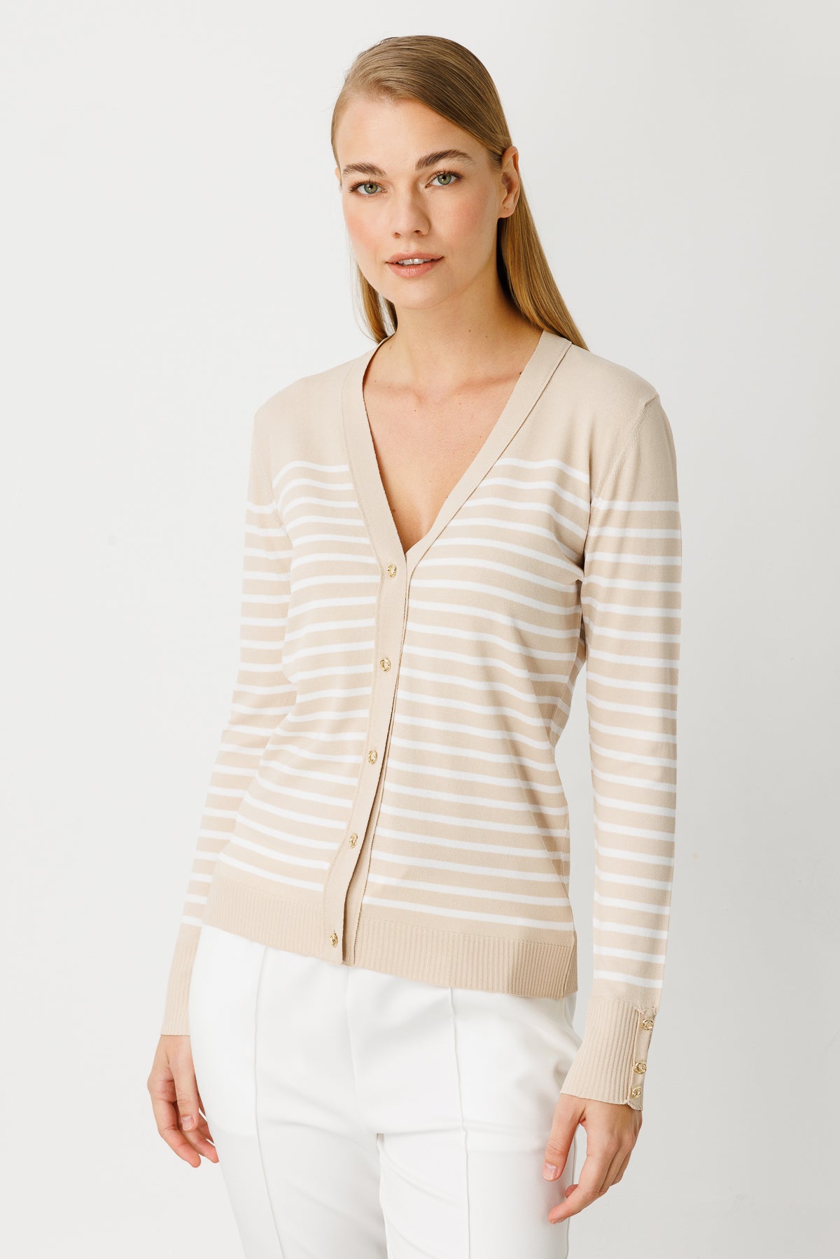 BASIC V-NECK STRIPE CARDIGAN BEIGE