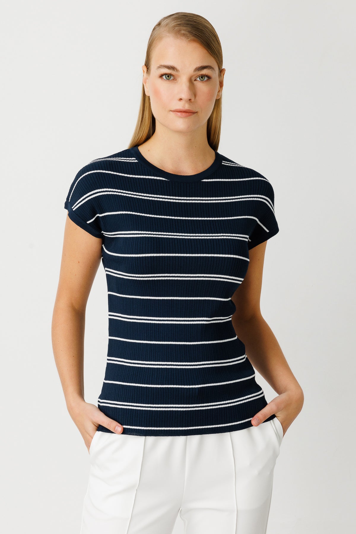 BASIC STRIPE BLOUSE NAVY