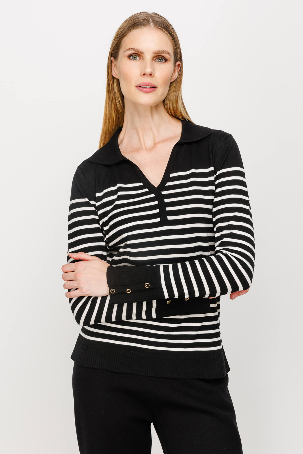 BASIC V-NECK STRIPE BLOUSE BLACK